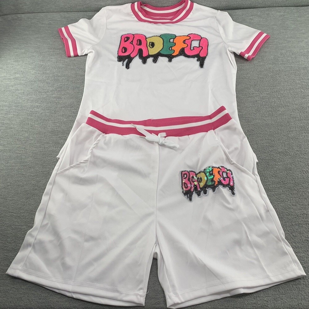 Women White Bodycon Shirts & Shorts with Sequined Front Logo Set Size XXL (A41) - Picture 2 of 13